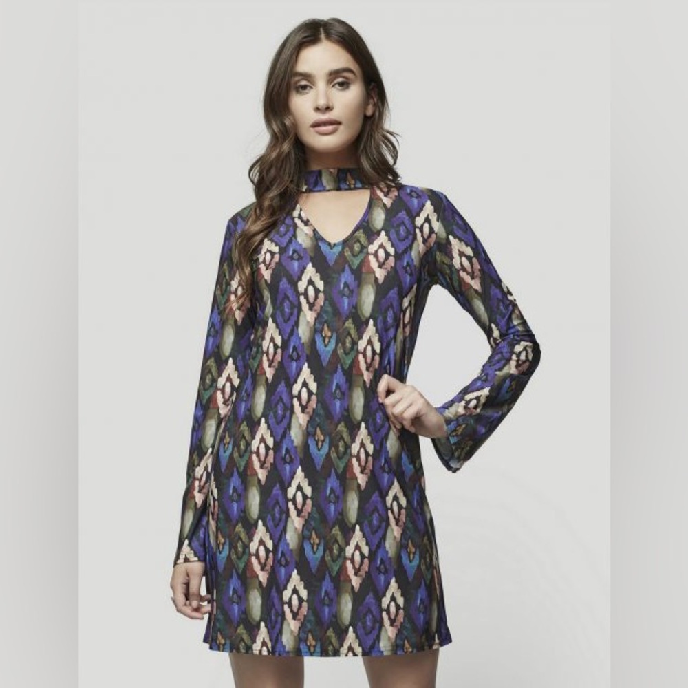 Viereck Womens XL Purple Ikat Geometric Choker Neck Long Sleeve Shift Mini Dress